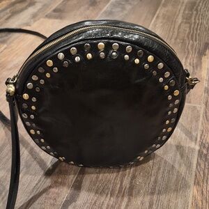 HOBO Black Leather Round Studded Shoulder Crossbody Bag, Zipper Closure